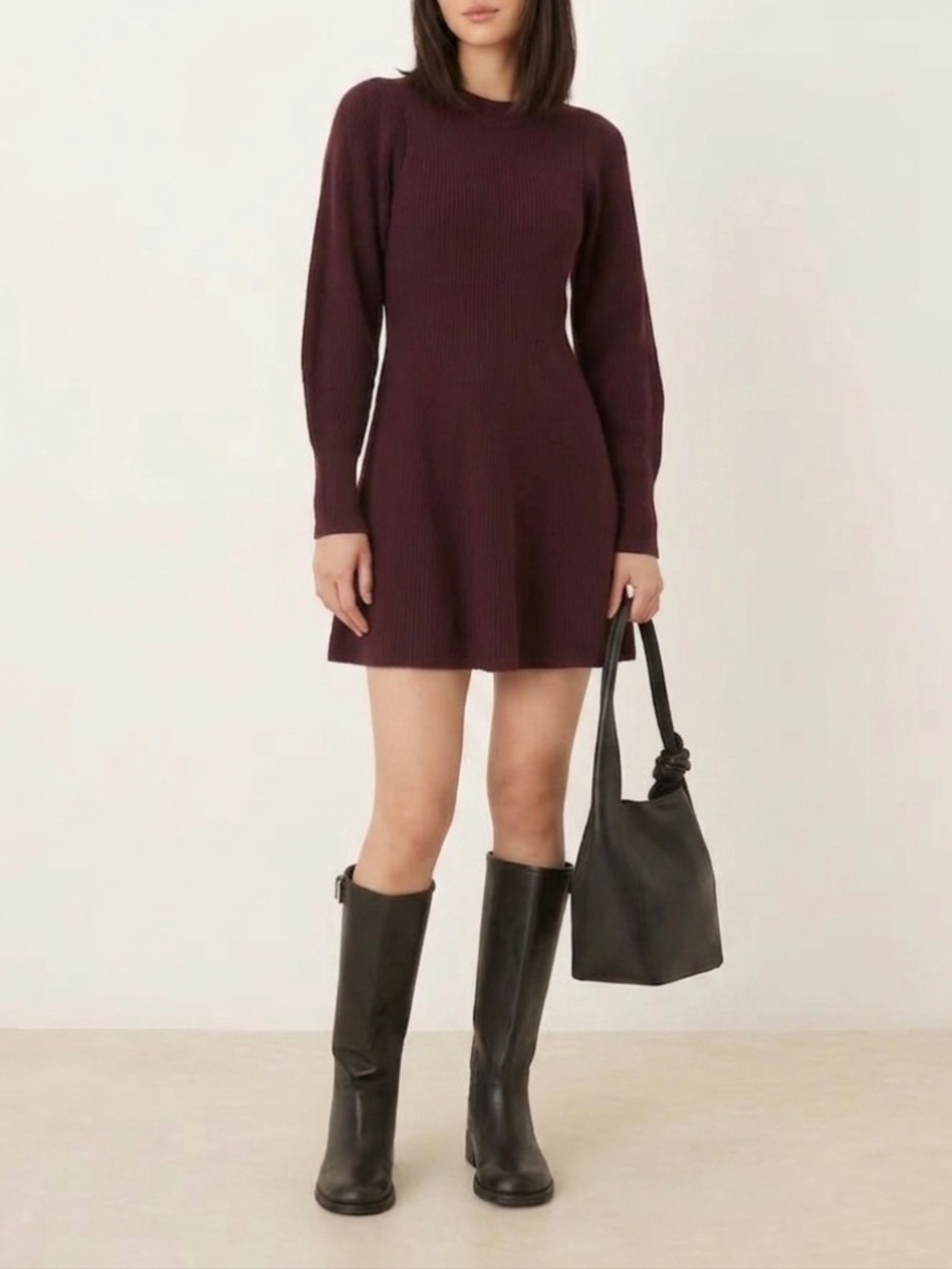 ruby moon Ribbed Long-Sleeve Mini knit Dress in burgundy XL